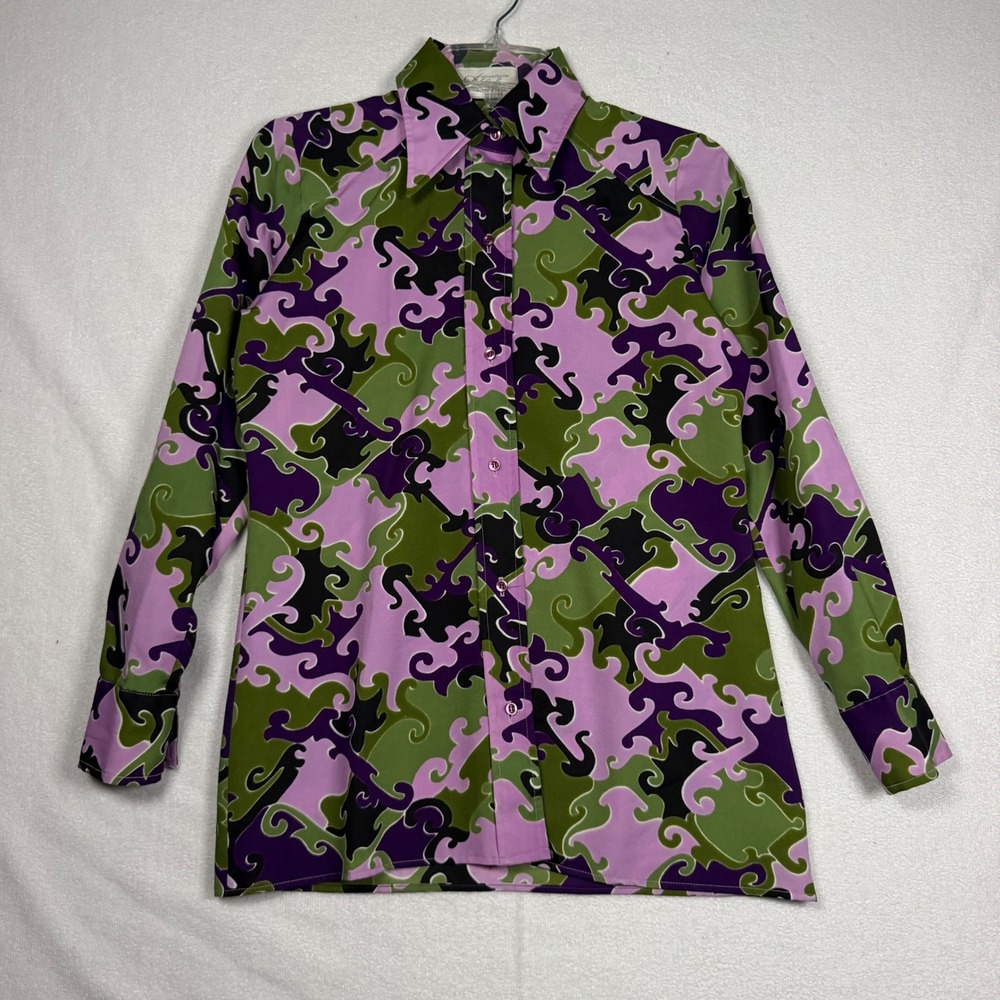VTG Adelaar Med Psychedelic Scroll Print Button Down Shirt Purple Green 10
